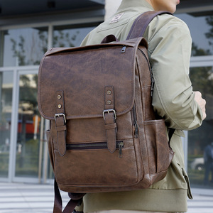 Custom Vintage 16-inch Laptop <b>Backpack</b> Men Soft Pu <b>Leather</b> <b>Large</b> Capacity Retro Business Style Waterproof Closure - Product Image 3