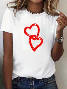 Camiseta de Mujer con Estampado de Corazones de Anime, Blanca, Manga Corta, Cuello Redondo, Informal, para el Día de San Valentín, Diseño Estampado en Tela Jersey - Product Image 3