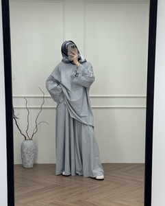 Set da Donna Musulmano Wilson in Jersey di Cotone Abito Modesto Taglie Forti Grigio Abaya Maxi Dress con Top Abbinato - Product Image 2