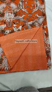Handmade Indian Kantha <b>Quilt</b> Orange Printed Cotton Bedcover Bohemian Style All Season Home Decor <b>Throw</b> Blanket - Product Image 5