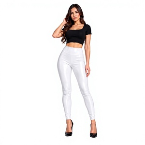 White High Waist <b>Leggings</b> for <b>Women</b> Tummy Control Seamless Stretchy Knitted Mid-Calf Breathable Pockets 2027 Trending PU Fabric - Product Image 2
