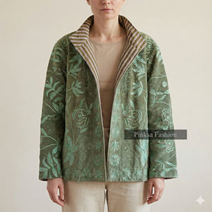 Chaqueta Varsity de Invierno y Otoño, Estilo Bohemio, Bordada con Flores, Tejida en Terciopelo, Ecológica, Antiarrugas, Resistente al Viento y Transpirable, Estilo Suzani - Product Image 1