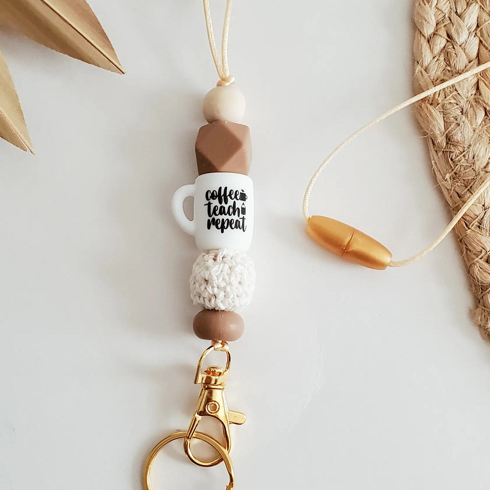 Popular Keychain Lanyard Knitted Cotton Wooden Bead Silicone Beads Tassel Lanyard Teacher Nurse Lanyard Gift Image 4