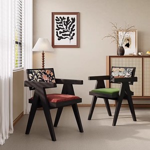 Silla de Comedor de Madera Maciza, Diseño Chandigarh Vintage Francés, Silla de Comedor Ergonómica Tapizada en Terciopelo con Respaldo, Muebles para el Hogar - Product Image 2