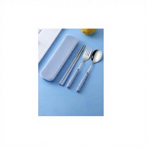 Vente en gros Manche rond bleu ciel avec baguettes Vaisselle Ensemble de couverts en acier inoxydable poli miroir argenté avec étui - Product Image 1