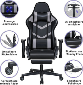 <span class=keywords><strong>Chaise</strong></span> de jeu gamer en cuir noir, entièrement inclinable, avec roulettes, fonction massage, 150 kg, fabrication allemande, best-seller, nouveau modèle élégant. - Product Image 2