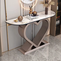 Table console décorative pour long couloir, simple, avec plateau en marbre et base en métal noir et or, pour salon
