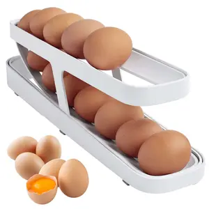 Plastic White 2 Tier Fridge Large Capacity Auto Scrolling Rolling Egg Dispenser Organizers Fridge Egg Holder For Refrigerator