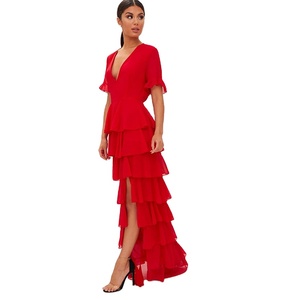 Robe longue rouge en mousseline de soie, col en V profond, à volants - Product Image 1
