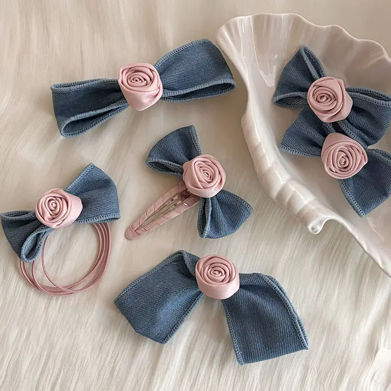 Hot Bán Thời Trang Denim Rose Bow Hairclips Cô Gái Cổ Điển Thanh Lịch Hoa Đàn Hồi Scrunchies Phụ Nữ Thiết Kế Tóc Phụ Kiện Thiết Lập