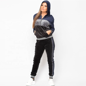 PIHA SPORTS Survêtement 2 pièces zippé pour femme, en velours, avec blocs de couleur, idéal pour le jogging et la détente en hiver - Product Image 1