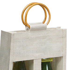Bolsa para DOS botellas de vino con ventana, asa de palma, tela de yute teñida, PVC con efecto acuarela, diseño geométrico vintage, unisex, abierta, 1000 unidades - Product Image 6