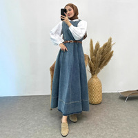 Robe longue sans manches en jean bleu denim pour femmes musulmanes Jalabiya Moyen-Orient Maxi Robe en jean Abaya islamique avec ceinture amincissante pour l'Aïd Ramadan