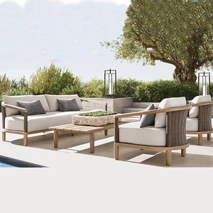 Ensemble de salon de jardin en teck et corde tressée, design personnalisé, avec coussins résistants aux intempéries, pour patio, jardin et complexe hôtelier - Product Image 1