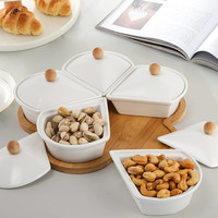 Vaisselle 5 bols à condiments noix à tremper ensemble de relish en bois plats de service divisés en céramique blanche avec couvercles et plateau en bambou