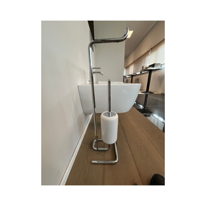 Support de salle de bain autoportant 2-en-1 avec porte-papier toilette et ensemble brosse WC intégré, design compact chromé pour salle de bain - Product Image 4