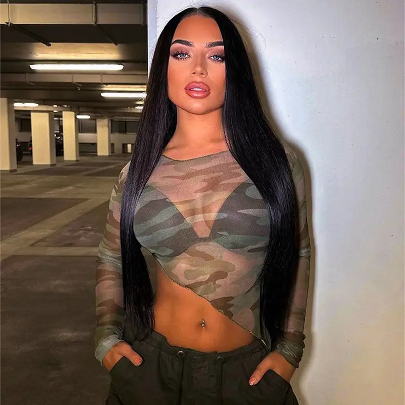 Groothandel Herfst Y 2K Dames Tops Nieuwste Ontwerp Armygreen Camouflage Print Sexy Mesh Cropped Crop Top Lange Mouw T-Shirt Vrouwen