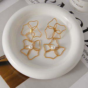 Flower Pearl Drop Earrings 18K Stainless Steel Claw Setting Everyday Wear - Product Image 4