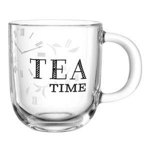 Taza de vidrio para la hora del té de 400 ml con diseño de reloj para amantes del té - Product Image 1