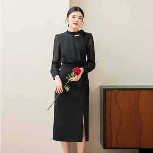 Plus Size Women's Mid Length Dress Black Mandarin Collar Sheer Layer Splicing Solid Color Elegant Slimming For Curvy Women - Product Image 1