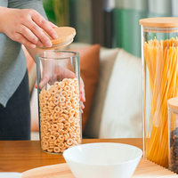 Couvercle en bois pour pâtes de cuisine en verre borosilicaté écologique Pot de stockage récipient alimentaire avec couvercle en bambou