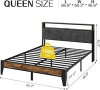 Cadre de lit Queen en métal avec plateforme, rangement à 2 niveaux, tête de lit lumineuse LED, station de charge Type C, sans sommier, pour salon et hôtel