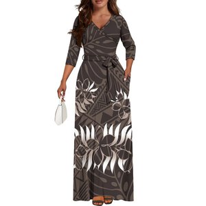 Abito lungo con collo a V con maniche <span class=keywords><strong>3</strong></span>/4 personalizzato in fabbrica stile polinesiano stile polinesiano con stampa tribale abito da donna con tasche - Product Image 2