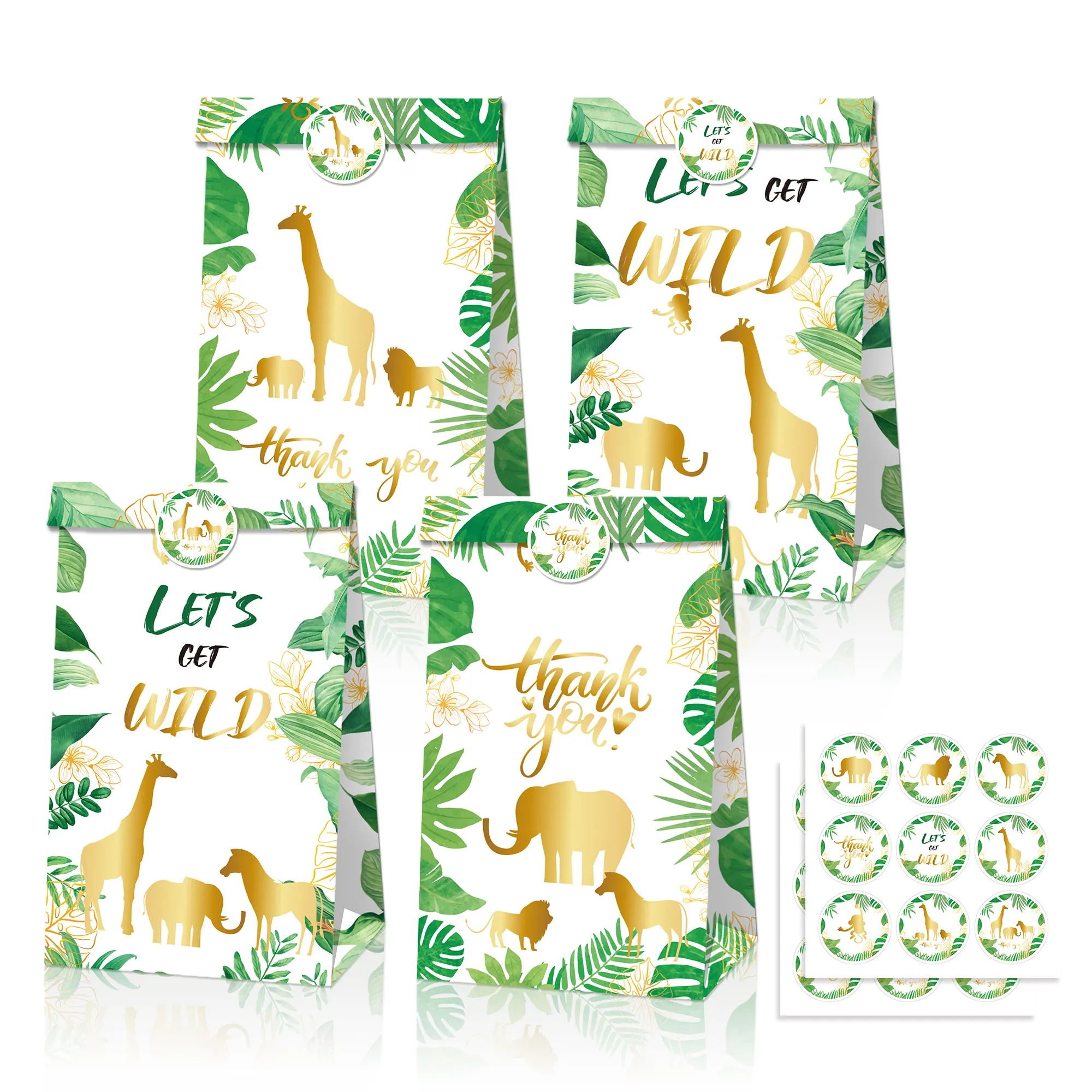LB176 Jungle Wild Animals 12 Pcs Double-Sided Design Candy Goodies Treat Gift Paper Bags With Stickers for Safari Party