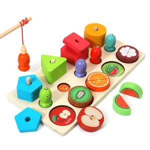 new product educational toys for kids 2024 Children's wooden multifunctional 3-in-1 fishing fruit sets with geometric shapes