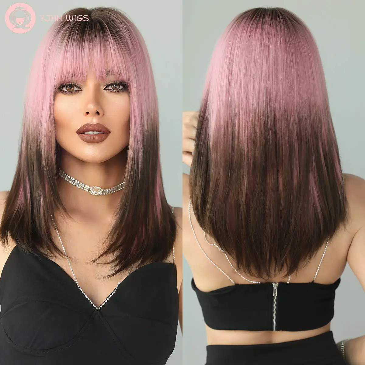 Medium Length Ombre Pink Wig with Bang Long straight Hair Wigs Synthetic Natural Hair for Women 26 Inches for Cosplay