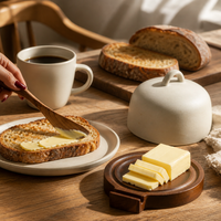 Beurrier avec base en bois, en céramique avec spatule, pot de rangement pour confiture, plateau à beurre