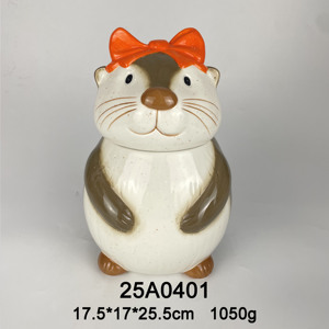 Pot à biscuits en céramique mignon en forme de loutre avec nœud rose, pot à friandises animalier peint à la main, grand récipient de stockage alimentaire, décoration d'intérieur - Product Image 2