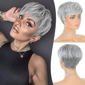 Peluca de Cabello Humano Negro con Encaje Transparente, Estilo Bob Rizado <span class=keywords><strong>Gris</strong></span> para Mujer, Corte Pixie, con Ondas Finger Wave - Product Image 1