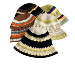 Outono e Inverno novos Chapéus Bonito Mão Gancho Malha Bucket Hat Handmade Crochet Fisherman Hat