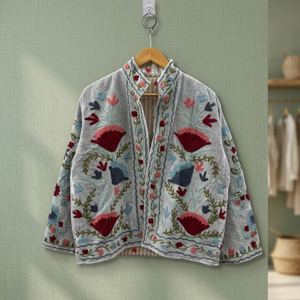 Custom Hand Embroidered Grey <b>Velvet</b> Suzani Jacket <b>Women</b> Reversible Floral Short <b>Coat</b> Wholesale Ethnic Boho Outerwear jacket - Product Image 3
