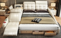 Lit King Size Royal Européen Moderne de Luxe avec Rangement, Lumières LED et Massage, Ensemble de Chambre Blanc en Cuir Véritable