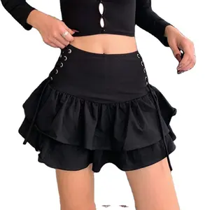 Y2K图图迷你裙女黑色性感街装侧绷带高腰短裙女双层法尔达斯哥特式服装