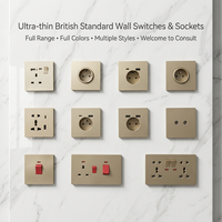 Prise murale ultra-fine en PC doré ignifuge, série complète conforme aux normes britanniques pour projets résidentiels et hôteliers