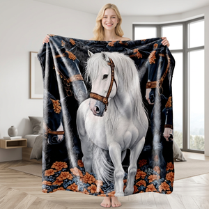 White Horse Print Plush Throw <b>Blanket</b> Rectangular Anti-Pilling Classic Style Home Use Four Seasons - Product Image 1