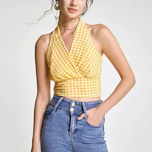 Custom Summer Casual Women V Neck Plaid Back Keyhole Ruched Halter Cropped Tank Top