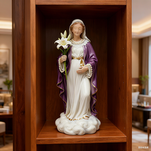 Statue de la <span class=keywords><strong>Vierge</strong></span> <span class=keywords><strong>Marie</strong></span> <span class=keywords><strong>enceinte</strong></span> avec robe violette et lys blanc, sculpture en résine peinte à la main de la future mère pour bénédiction catholique - Product Image 6