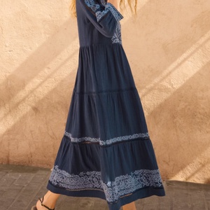 Vestido de Lino y Algodón Personalizable, Elegante, Cuello en V, Casual, Corte en A, Manga Larga, Midi, para Mujer, Ideal para Vacaciones de Verano - Product Image 4