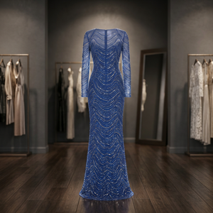 Vestido de Noche Azul Rey con Cuello Redondo, Manga Larga con Efecto Ilusión, Ajustado, Bordado con Lentejuelas, Cintura Natural, Largo hasta el Suelo, Estampado en Serigrafía - Product Image 3