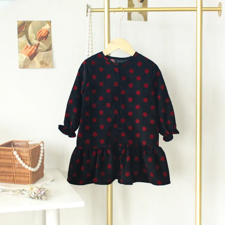 2023 Frühling Herbst Korea Stil Knopf Langarm Polka Dot Kinder Baby Mädchen Kleid für 3-8 Jahre