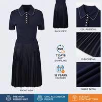 Robe de bureau chic pour femme, bleu marine uni, coupe mini trapèze, col polo, tricotée, manches courtes, jupe plissée accordéon