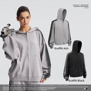 ODM OEM Vente en gros Sweat-shirt à capuche zippé imprimé par pulvérisation 430 g/m², style graffiti, effet délavé vintage - Product Image 4