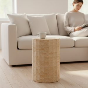 Piedistallo in <span class=keywords><strong>Travertino</strong></span>, Espositore Alto Rotondo, Tavolino Laterale in Marmo, Supporti per Piedistalli - Product Image 1