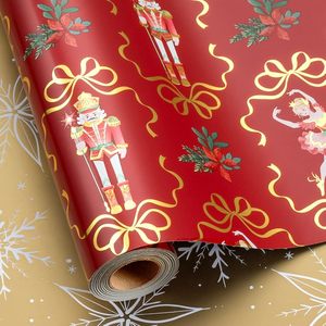 Papel de regalo navideño de 80g, rojo, con revestimiento de aluminio, diseño de cascanueces en forma de lazo, 26 artículos nuevos en stock, impresión a color en ambos lados. - Product Image 1