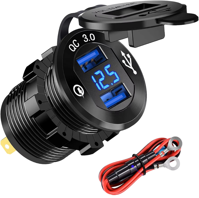 Car EV Charger Quick Charge 3.0 Dual USB Type a Ports LED Voltmeter Wire Fuse Protection 12-24V Fast Charging Socket