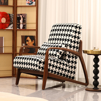 Fauteuil d'appoint en bois massif, fauteuil de loisirs rembourré, motif pied-de-poule noir et blanc, siège de salon
